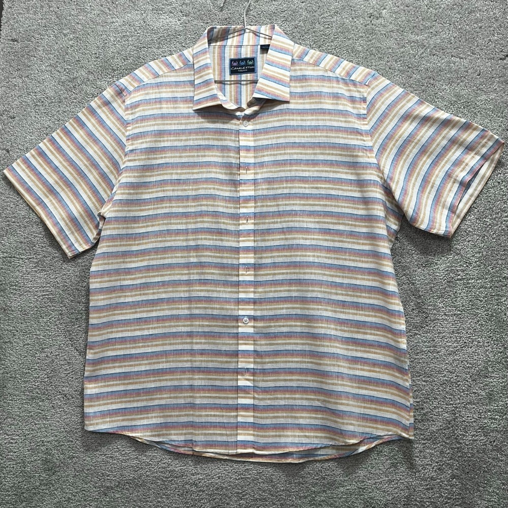 Charleston Threads Shirt Mens XXL Button Up Multicolor Striped‎ Short Sleeve